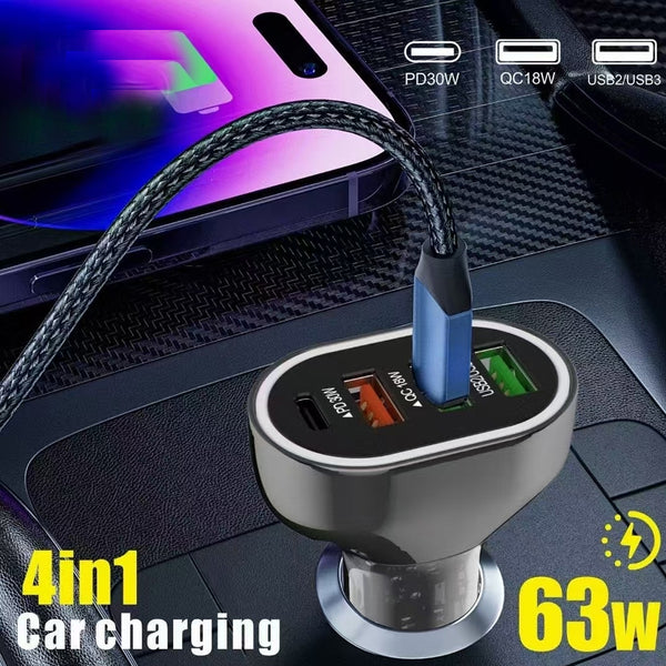 YESPLUS 63W 4-Port Fast Car Charger | USB-A & USB-C | Quick Charge | Black | SWEG Gadgets