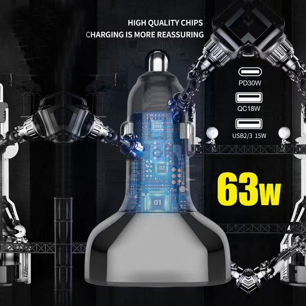 YESPLUS 63W 4-Port Fast Car Charger | USB-A & USB-C | Quick Charge | Black | SWEG Gadgets