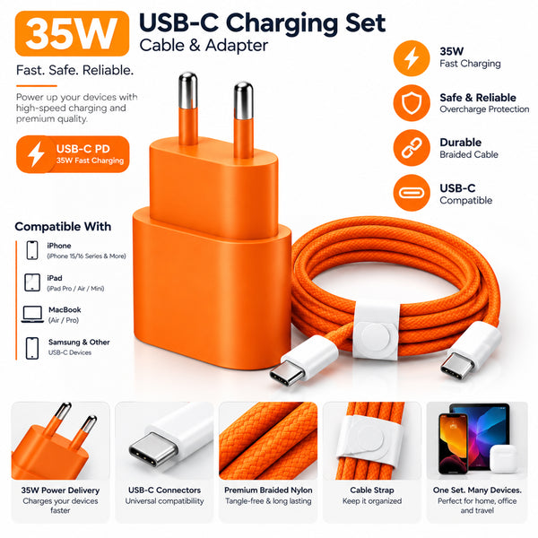 Fast Charging 35W USB-C Adapter with 1m Braided Charge Cable – Orange