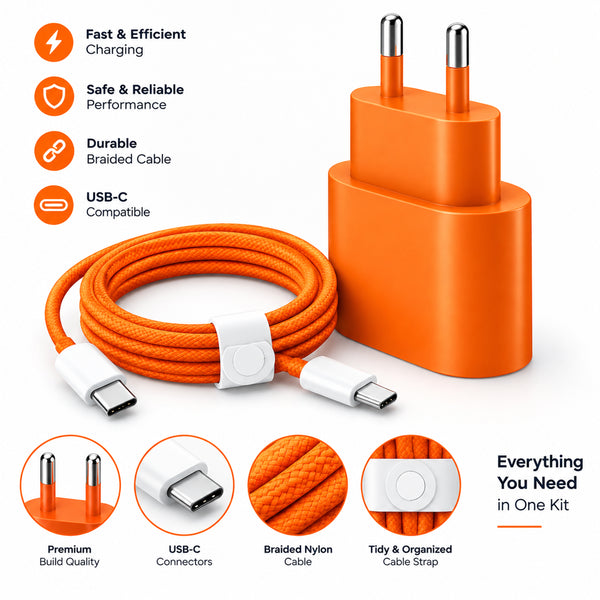 Fast Charging 35W USB-C Adapter with 1m Braided Charge Cable – Orange
