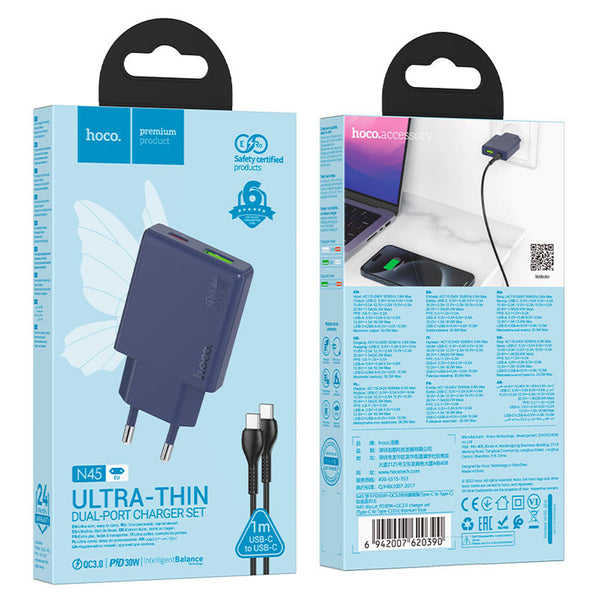 Hoco N45 30W Dual-Port Fast Charger | USB-C PD + QC 3.0 | Ultra-Thin Wall Adapter
