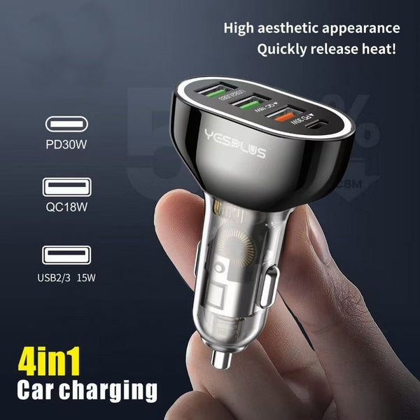 YESPLUS 63W 4-Port Fast Car Charger | USB-A & USB-C | Quick Charge | Black | SWEG Gadgets