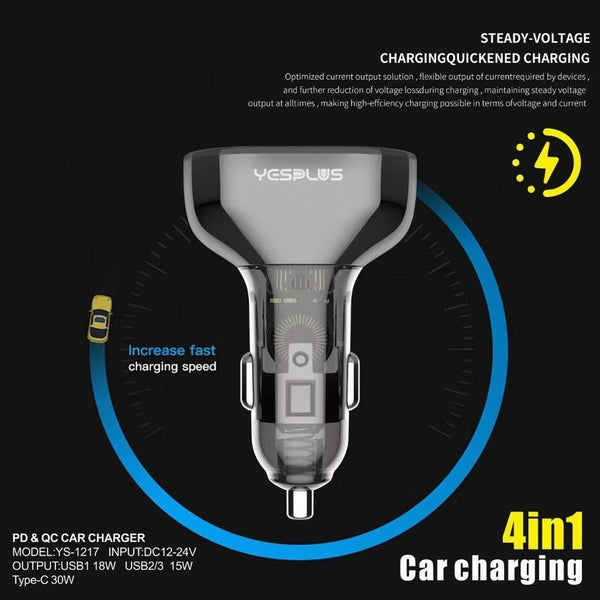 YESPLUS 63W 4-Port Fast Car Charger | USB-A & USB-C | Quick Charge | Black | SWEG Gadgets